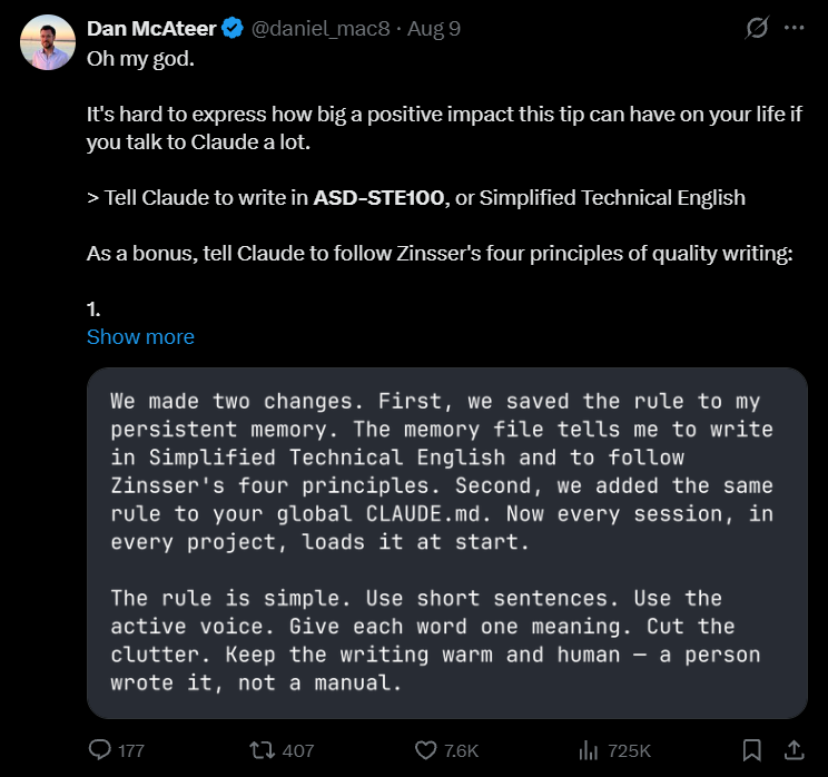 X post recommending ASD-STE100 and William Zinsser's writing principles as global Claude instructions