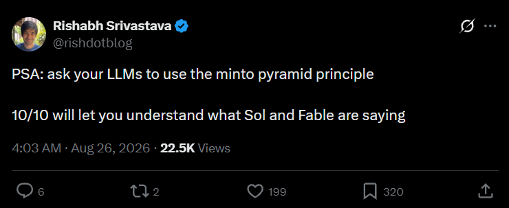 X post recommending the Minto Pyramid Principle for LLM responses