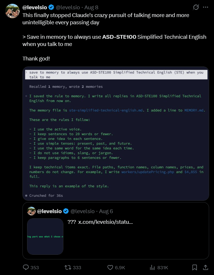 X post recommending that Claude always use ASD-STE100 Simplified Technical English