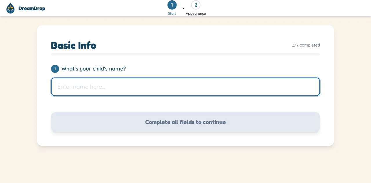 DreamDrop Books story builder basic info screen