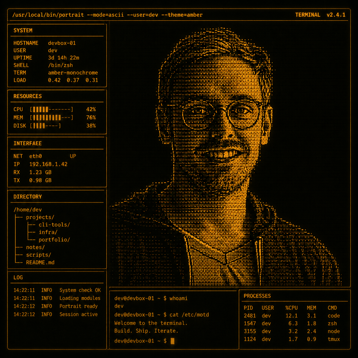J.M. Bartelt rendered as an amber CRT terminal portrait