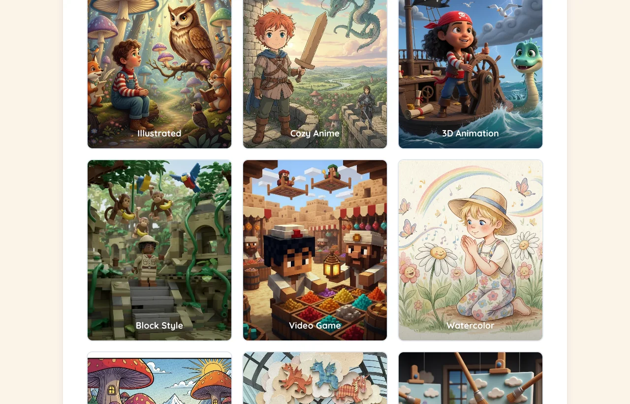 DreamDrop Books art-style picker with illustrated, anime, 3D, block, and watercolor options.