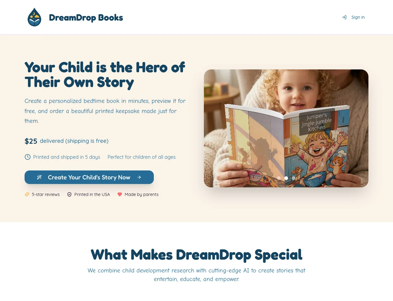 DreamDrop Books homepage, where a parent begins a personalized book.